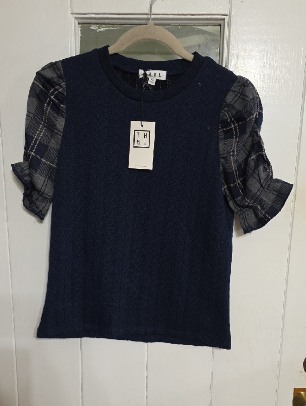 NWT THML Women's Blouse Navy Sweater Knit Plaid Ruched Poofy Sleeves‎ Sz XS